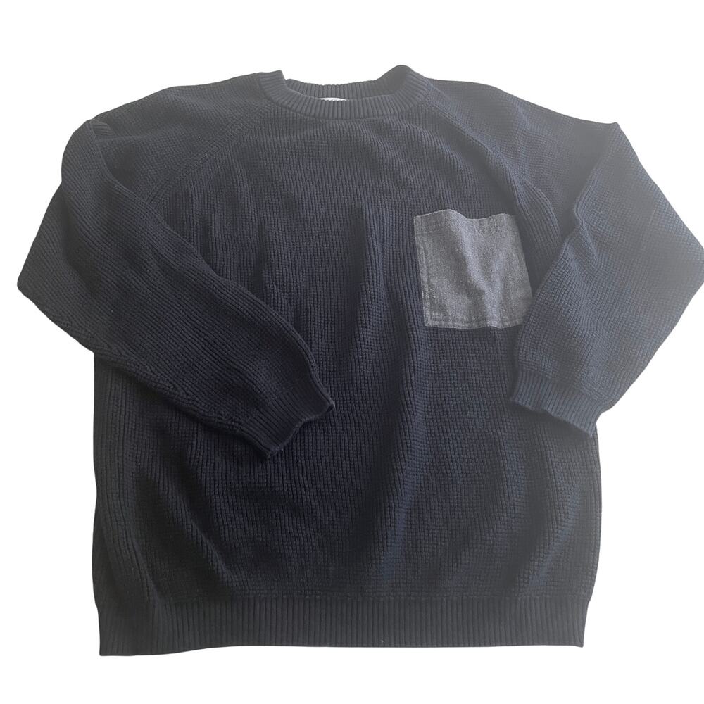 Zara Boys Navy Ribbed Sweater Denim Pocket Crewneck 13-14 Preppy Minimalist
